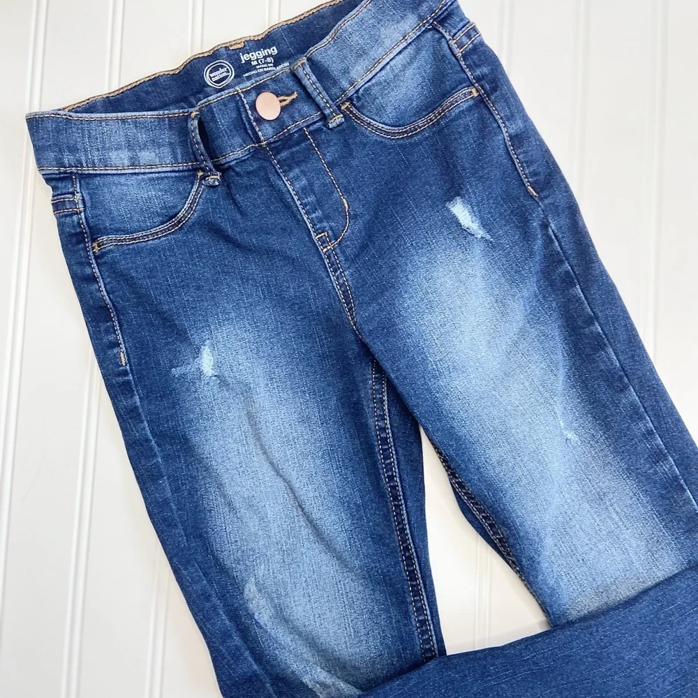 Girls Dark Wash Distressed Jeggings